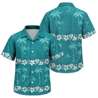 Cyan Hawaii Palm Tree Hibiscus Family Matching Short Sleeve Bodycon Dress and Hawaiian Shirt Fantasy Summer Vibe