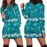 Cyan Hawaii Palm Tree Hibiscus Hoodie Dress Fantasy Summer Vibe