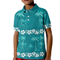 Cyan Hawaii Palm Tree Hibiscus Kid Polo Shirt Fantasy Summer Vibe