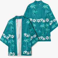 Cyan Hawaii Palm Tree Hibiscus Kimono Fantasy Summer Vibe
