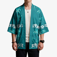 Cyan Hawaii Palm Tree Hibiscus Kimono Fantasy Summer Vibe