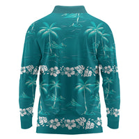Cyan Hawaii Palm Tree Hibiscus Long Sleeve Polo Shirt Fantasy Summer Vibe