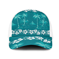 Cyan Hawaii Palm Tree Hibiscus Mesh Trucker Cap Fantasy Summer Vibe