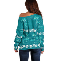 Cyan Hawaii Palm Tree Hibiscus Off Shoulder Sweater Fantasy Summer Vibe