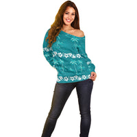 Cyan Hawaii Palm Tree Hibiscus Off Shoulder Sweater Fantasy Summer Vibe
