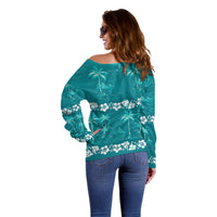 Cyan Hawaii Palm Tree Hibiscus Off Shoulder Sweater Fantasy Summer Vibe
