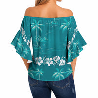 Cyan Hawaii Palm Tree Hibiscus Off Shoulder Wrap Waist Top Fantasy Summer Vibe