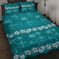 Cyan Hawaii Palm Tree Hibiscus Quilt Bed Set Fantasy Summer Vibe