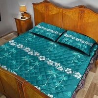 Cyan Hawaii Palm Tree Hibiscus Quilt Bed Set Fantasy Summer Vibe