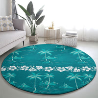 Cyan Hawaii Palm Tree Hibiscus Round Carpet Fantasy Summer Vibe