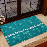 Cyan Hawaii Palm Tree Hibiscus Rubber Doormat Fantasy Summer Vibe
