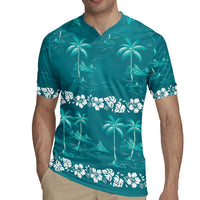 Cyan Hawaii Palm Tree Hibiscus Rugby Jersey Fantasy Summer Vibe