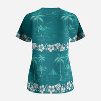 Cyan Hawaii Palm Tree Hibiscus Scrub Top Fantasy Summer Vibe
