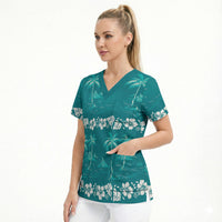 Cyan Hawaii Palm Tree Hibiscus Scrub Top Fantasy Summer Vibe
