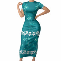 Cyan Hawaii Palm Tree Hibiscus Short Sleeve Bodycon Dress Fantasy Summer Vibe