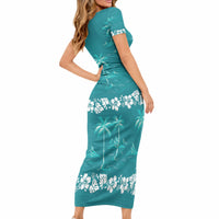 Cyan Hawaii Palm Tree Hibiscus Short Sleeve Bodycon Dress Fantasy Summer Vibe