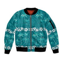 Cyan Hawaii Palm Tree Hibiscus Sleeve Zip Bomber Jacket Fantasy Summer Vibe