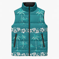 Cyan Hawaii Palm Tree Hibiscus Sleeveless Puffer Jacket Fantasy Summer Vibe