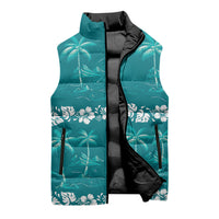 Cyan Hawaii Palm Tree Hibiscus Sleeveless Puffer Jacket Fantasy Summer Vibe