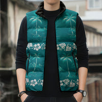 Cyan Hawaii Palm Tree Hibiscus Sleeveless Puffer Jacket Fantasy Summer Vibe