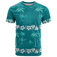 Cyan Hawaii Palm Tree Hibiscus T Shirt Fantasy Summer Vibe