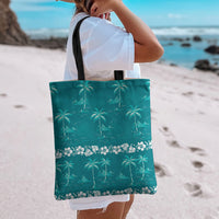 Cyan Hawaii Palm Tree Hibiscus Tote Bag Fantasy Summer Vibe