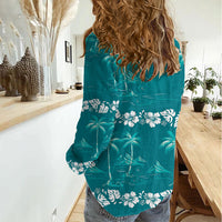 Cyan Hawaii Palm Tree Hibiscus Women Casual Shirt Fantasy Summer Vibe