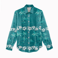 Cyan Hawaii Palm Tree Hibiscus Women Casual Shirt Fantasy Summer Vibe