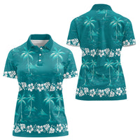Cyan Hawaii Palm Tree Hibiscus Women Polo Shirt Fantasy Summer Vibe