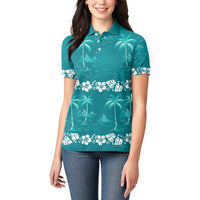 Cyan Hawaii Palm Tree Hibiscus Women Polo Shirt Fantasy Summer Vibe