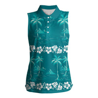 Cyan Hawaii Palm Tree Hibiscus Women Sleeveless Polo Shirt Fantasy Summer Vibe
