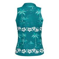Cyan Hawaii Palm Tree Hibiscus Women Sleeveless Polo Shirt Fantasy Summer Vibe