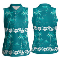 Cyan Hawaii Palm Tree Hibiscus Women Sleeveless Polo Shirt Fantasy Summer Vibe