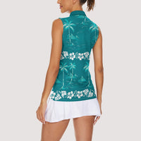 Cyan Hawaii Palm Tree Hibiscus Women Sleeveless Polo Shirt Fantasy Summer Vibe