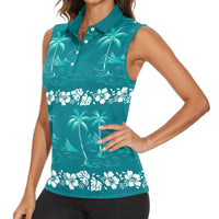Cyan Hawaii Palm Tree Hibiscus Women Sleeveless Polo Shirt Fantasy Summer Vibe