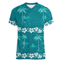 Cyan Hawaii Palm Tree Hibiscus Women V-Neck T-Shirt Fantasy Summer Vibe
