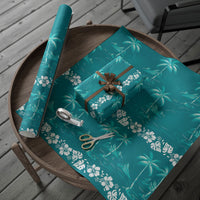 Cyan Hawaii Palm Tree Hibiscus Wrapping Paper Fantasy Summer Vibe
