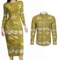 Yellow Hawaii Palm Tree Hibiscus Couples Matching Long Sleeve Bodycon Dress and Long Sleeve Button Shirt Fantasy Summer Vibe