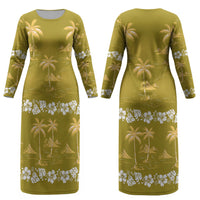 Yellow Hawaii Palm Tree Hibiscus Couples Matching Long Sleeve Bodycon Dress and Long Sleeve Button Shirt Fantasy Summer Vibe