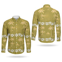 Yellow Hawaii Palm Tree Hibiscus Couples Matching Mermaid Dress and Long Sleeve Button Shirt Fantasy Summer Vibe