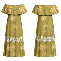 Yellow Hawaii Palm Tree Hibiscus Couples Matching Off Shoulder Maxi Dress and Hawaiian Shirt Fantasy Summer Vibe
