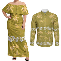 Yellow Hawaii Palm Tree Hibiscus Couples Matching Off Shoulder Maxi Dress and Long Sleeve Button Shirt Fantasy Summer Vibe