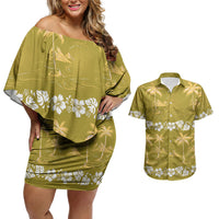 Yellow Hawaii Palm Tree Hibiscus Couples Matching Off Shoulder Short Dress and Hawaiian Shirt Fantasy Summer Vibe