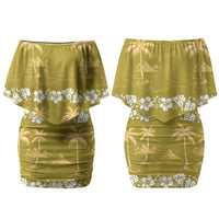 Yellow Hawaii Palm Tree Hibiscus Couples Matching Off Shoulder Short Dress and Hawaiian Shirt Fantasy Summer Vibe
