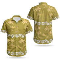 Yellow Hawaii Palm Tree Hibiscus Couples Matching Off Shoulder Short Dress and Hawaiian Shirt Fantasy Summer Vibe