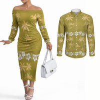 Yellow Hawaii Palm Tree Hibiscus Couples Matching Off The Shoulder Long Sleeve Dress and Long Sleeve Button Shirt Fantasy Summer Vibe