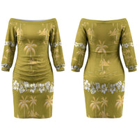 Yellow Hawaii Palm Tree Hibiscus Couples Matching Off The Shoulder Long Sleeve Dress and Long Sleeve Button Shirt Fantasy Summer Vibe