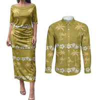 Yellow Hawaii Palm Tree Hibiscus Couples Matching Puletasi and Long Sleeve Button Shirt Fantasy Summer Vibe