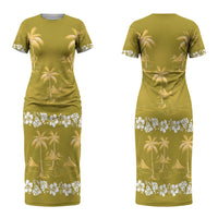 Yellow Hawaii Palm Tree Hibiscus Couples Matching Short Sleeve Bodycon Dress and Long Sleeve Button Shirt Fantasy Summer Vibe