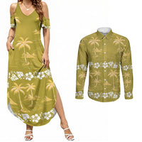 Yellow Hawaii Palm Tree Hibiscus Couples Matching Summer Maxi Dress and Long Sleeve Button Shirt Fantasy Summer Vibe